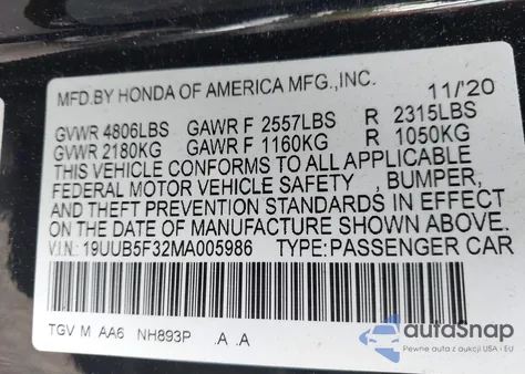 2021 Acura Tlx Standard z USA, uszkodzony, nr VIN 19UUB5F32MA005986